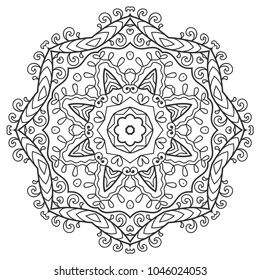 Mandala isolated design element, geometric line pattern. Stylized floral round ornament. Zen doodle art, monochrome sketch for coloring book page, textile fabric print. Black and white illustration