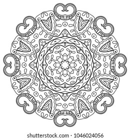 Mandala isolated design element, geometric line pattern. Stylized floral round ornament. Zen doodle art, monochrome sketch for coloring book page, textile fabric print. Black and white illustration
