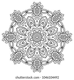 Mandala isolated design element, geometric line pattern. Stylized floral round ornament. Zen doodle art, monochrome sketch for coloring book page, textile fabric print. Black and white illustration