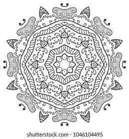 Mandala isolated design element, geometric line pattern. Stylized floral round ornament. Zen doodle art, monochrome sketch for coloring book page, textile fabric print. Black and white illustration