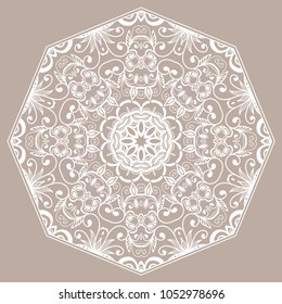 Mandala isolated design element, geometric line pattern. Stylized floral round ornament. Doodle art for textile fabric or paper print. Hand drawn vector illustration