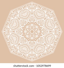 Mandala isolated design element, geometric line pattern. Stylized floral round ornament. Doodle art for textile fabric or paper print. Hand drawn vector illustration