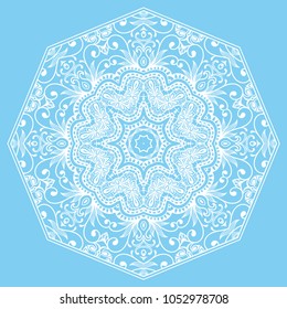 Mandala isolated design element, geometric line pattern. Stylized floral round ornament. Doodle art for textile fabric or paper print. Hand drawn vector illustration