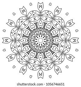 Mandala isolated design element, geometric line pattern. Stylized floral round ornament. Zen doodle art, monochrome sketch for coloring book page, textile fabric print. Black and white illustration