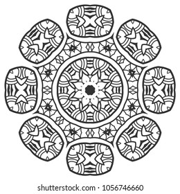 Mandala isolated design element, geometric line pattern. Stylized floral round ornament. Zen doodle art, monochrome sketch for coloring book page, textile fabric print. Black and white illustration