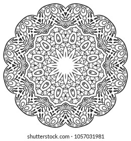Mandala isolated design element, geometric line pattern. Stylized floral round ornament. Zen doodle art, monochrome sketch for coloring book page, textile fabric print. Black and white illustration