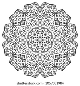 Mandala isolated design element, geometric line pattern. Stylized floral round ornament. Zen doodle art, monochrome sketch for coloring book page, textile fabric print. Black and white illustration