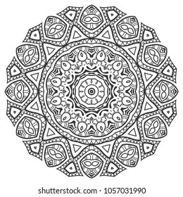 Mandala isolated design element, geometric line pattern. Stylized floral round ornament. Zen doodle art, monochrome sketch for coloring book page, textile fabric print. Black and white illustration