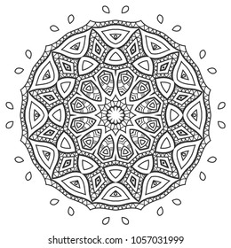 Mandala isolated design element, geometric line pattern. Stylized floral round ornament. Zen doodle art, monochrome sketch for coloring book page, textile fabric print. Black and white illustration