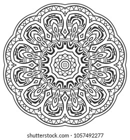 Mandala isolated design element, geometric line pattern. Stylized floral round ornament. Zen doodle art, monochrome sketch for coloring book page, textile fabric print. Black and white illustration