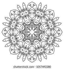 Mandala isolated design element, geometric line pattern. Stylized floral round ornament. Zen doodle art, monochrome sketch for coloring book page, textile fabric print. Black and white illustration