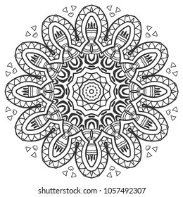 Mandala isolated design element, geometric line pattern. Stylized floral round ornament. Zen doodle art, monochrome sketch for coloring book page, textile fabric print. Black and white illustration