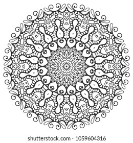 Mandala isolated design element, geometric line pattern. Stylized floral round ornament. Zen doodle art, monochrome sketch for coloring book page, textile fabric print. Black and white illustration