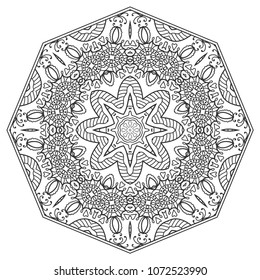 Mandala isolated design element, geometric line pattern. Stylized floral round ornament. Zen doodle art, monochrome sketch for coloring book page, textile fabric print. Black and white illustration