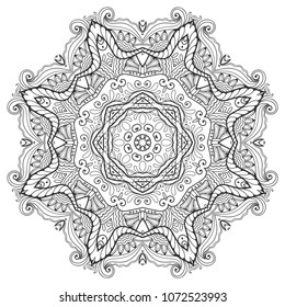 Mandala isolated design element, geometric line pattern. Stylized floral round ornament. Zen doodle art, monochrome sketch for coloring book page, textile fabric print. Black and white illustration