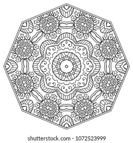 Mandala isolated design element, geometric line pattern. Stylized floral round ornament. Zen doodle art, monochrome sketch for coloring book page, textile fabric print. Black and white illustration