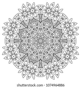 Mandala isolated design element, geometric line pattern. Stylized floral round ornament. Zen doodle art, monochrome sketch for coloring book page, textile fabric print. Black and white illustration