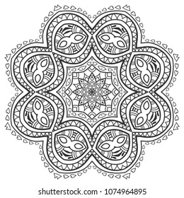 Mandala isolated design element, geometric line pattern. Stylized floral round ornament. Zen doodle art, monochrome sketch for coloring book page, textile fabric print. Black and white illustration