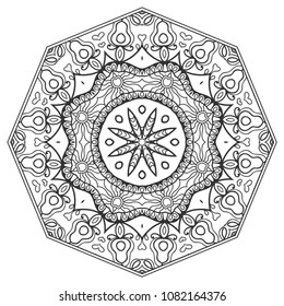 Mandala isolated design element, geometric line pattern. Stylized floral round ornament. Zen doodle art, monochrome sketch for coloring book page, textile fabric print. Black and white illustration