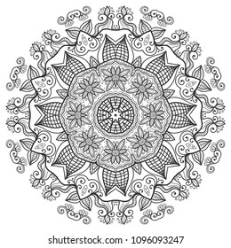 Mandala isolated design element, geometric line pattern. Stylized floral round ornament. Zen doodle art, monochrome sketch for coloring book page, textile fabric print. Black and white illustration