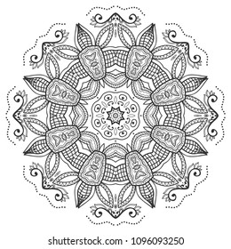 Mandala isolated design element, geometric line pattern. Stylized floral round ornament. Zen doodle art, monochrome sketch for coloring book page, textile fabric print. Black and white illustration