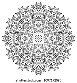 Mandala isolated design element, geometric line pattern. Stylized floral round ornament. Zen doodle art, monochrome sketch for coloring book page, textile fabric print. Black and white illustration