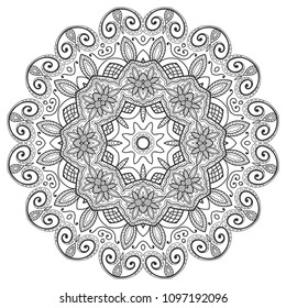 Mandala isolated design element, geometric line pattern. Stylized floral round ornament. Zen doodle art, monochrome sketch for coloring book page, textile fabric print. Black and white illustration