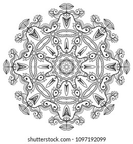 Mandala isolated design element, geometric line pattern. Stylized floral round ornament. Zen doodle art, monochrome sketch for coloring book page, textile fabric print. Black and white illustration