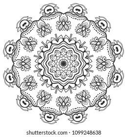 Mandala isolated design element, geometric line pattern. Stylized floral round ornament. Zen doodle art, monochrome sketch for coloring book page, textile fabric print. Black and white illustration
