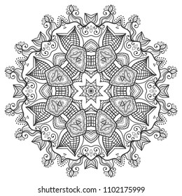 Mandala isolated design element, geometric line pattern. Stylized floral round ornament. Zen doodle art, monochrome sketch for coloring book page, textile fabric print. Black and white illustration