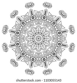Mandala isolated design element, geometric line pattern. Stylized floral round ornament. Zen doodle art, monochrome sketch for coloring book page, textile fabric print. Black and white illustration