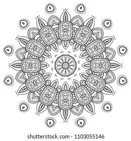 Mandala isolated design element, geometric line pattern. Stylized floral round ornament. Zen doodle art, monochrome sketch for coloring book page, textile fabric print. Black and white illustration