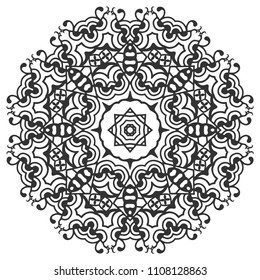Mandala isolated design element, geometric line pattern. Stylized floral round ornament. Zen doodle art, monochrome sketch for coloring book page, textile fabric print. Black and white illustration
