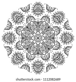 Mandala isolated design element, geometric line pattern. Stylized floral round ornament. Zen doodle art, monochrome sketch for coloring book page, textile fabric print. Black and white illustration