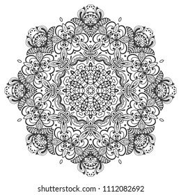 Mandala isolated design element, geometric line pattern. Stylized floral round ornament. Zen doodle art, monochrome sketch for coloring book page, textile fabric print. Black and white illustration