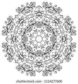 Mandala isolated design element, geometric line pattern. Stylized floral round ornament. Zen doodle art, monochrome sketch for coloring book page, textile fabric print. Black and white illustration