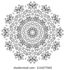 Mandala isolated design element, geometric line pattern. Stylized floral round ornament. Zen doodle art, monochrome sketch for coloring book page, textile fabric print. Black and white illustration