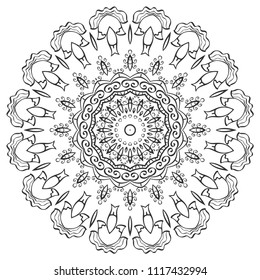Mandala isolated design element, geometric line pattern. Stylized floral round ornament. Zen doodle art, monochrome sketch for coloring book page, textile fabric print. Black and white illustration