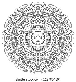 Mandala isolated design element, geometric line pattern. Stylized floral round ornament. Zen doodle art, monochrome sketch for coloring book page, textile fabric print. Black and white illustration