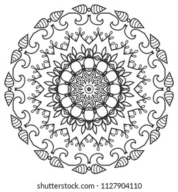 Mandala isolated design element, geometric line pattern. Stylized floral round ornament. Zen doodle art, monochrome sketch for coloring book page, textile fabric print. Black and white illustration