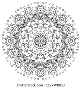 Mandala isolated design element, geometric line pattern. Stylized floral round ornament. Zen doodle art, monochrome sketch for coloring book page, textile fabric print. Black and white illustration