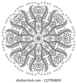 Mandala isolated design element, geometric line pattern. Stylized floral round ornament. Zen doodle art, monochrome sketch for coloring book page, textile fabric print. Black and white illustration