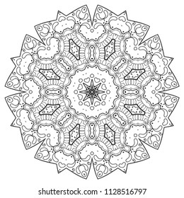 Mandala isolated design element, geometric line pattern. Stylized floral round ornament. Zen doodle art, monochrome sketch for coloring book page, textile fabric print. Black and white illustration