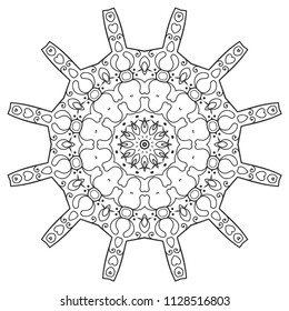 Mandala isolated design element, geometric line pattern. Stylized floral round ornament. Zen doodle art, monochrome sketch for coloring book page, textile fabric print. Black and white illustration