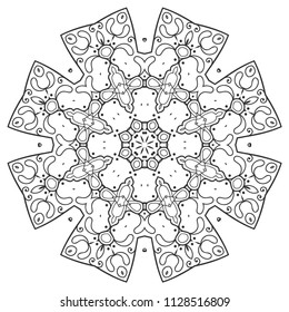 Mandala isolated design element, geometric line pattern. Stylized floral round ornament. Zen doodle art, monochrome sketch for coloring book page, textile fabric print. Black and white illustration