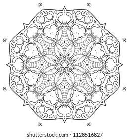 Mandala isolated design element, geometric line pattern. Stylized floral round ornament. Zen doodle art, monochrome sketch for coloring book page, textile fabric print. Black and white illustration