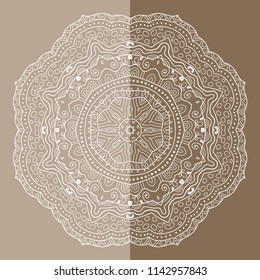 Mandala isolated design element, geometric line pattern. Stylized floral round ornament. Doodle art for textile fabric or paper print. Hand drawn vector illustration