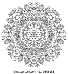 Mandala isolated design element, geometric line pattern. Stylized floral round ornament. Zen doodle art, monochrome sketch for coloring book page, textile fabric print. Black and white illustration