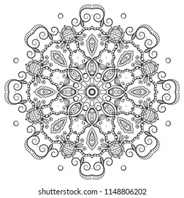 Mandala isolated design element, geometric line pattern. Stylized floral round ornament. Zen doodle art, monochrome sketch for coloring book page, textile fabric print. Black and white illustration