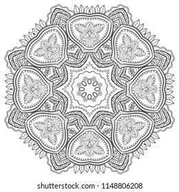 Mandala isolated design element, geometric line pattern. Stylized floral round ornament. Zen doodle art, monochrome sketch for coloring book page, textile fabric print. Black and white illustration